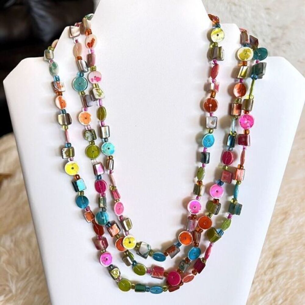 17" Multi-Strand Multicolor Handmade Statement Necklace / Boho Style / Shell - Picture 11 of 12